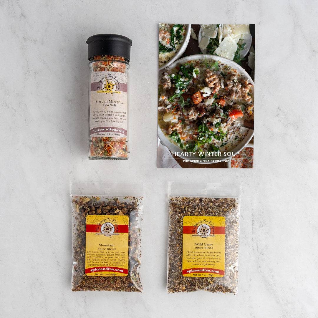 Wild Game Spice Blend, Mountain Spice Blend, Garden Mirepoix Sea Salt, and Hearty Winter Soup recipe card