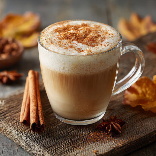Pumpkin Chai Latte in clear mug sprinkled with cinnamon and next to cinnamon sticks and star anise.