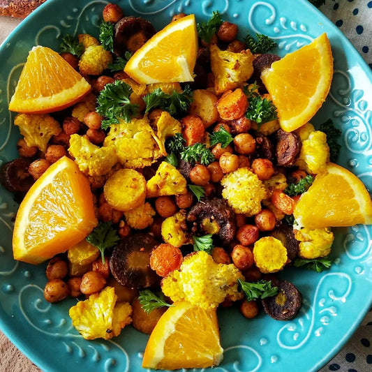 Roasted Turmeric Carrots & Cauliflower Salad with Harissa Chickpeas
