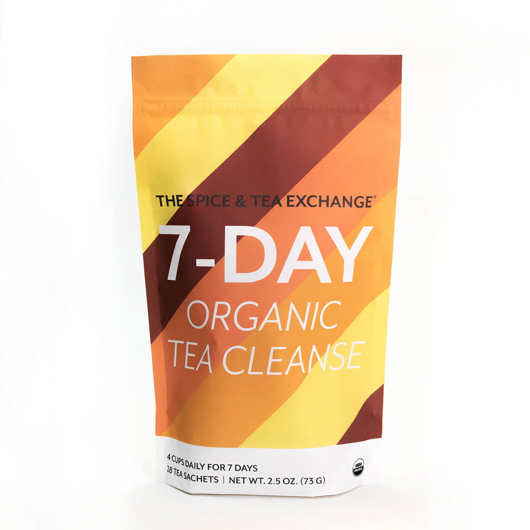 A resealable yellow and orange pouch labeled 7 Day Organic Tea Cleanse contains 18 organic tea sachets, designed by The Spice & Tea Exchange for a week-long cleanse.