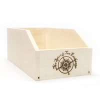The Large Branded Wood Storage Box is a lightweight poplar box with an open top and cut-out front, ideal for storing spices. It displays a compass logo and "The Spice & Tea Exchange" on the front panel.