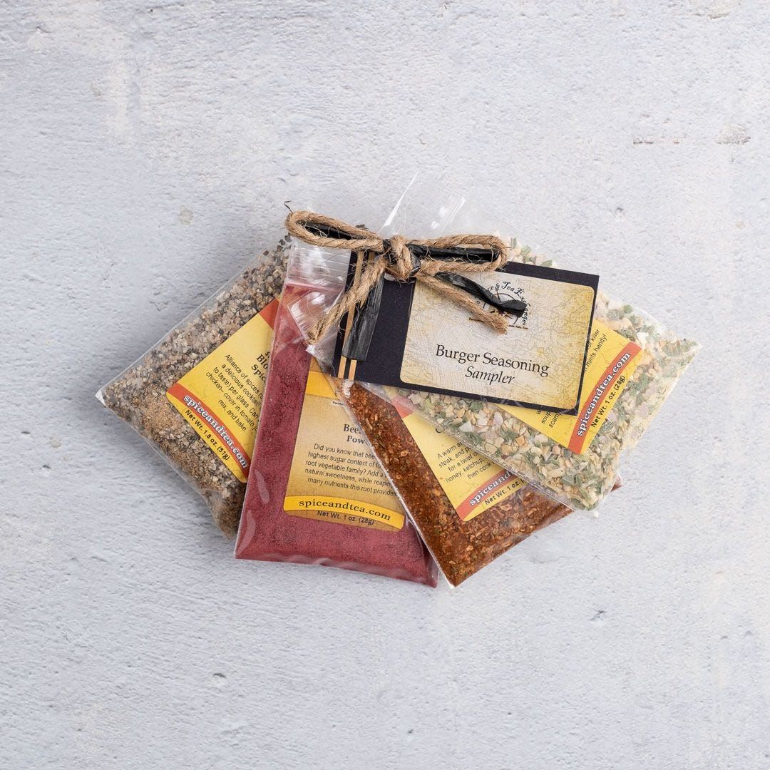 The Burger Seasonings Sampler is a spice blend bag packed with flavorful spices, perfect for grilling night and elevating your meals.