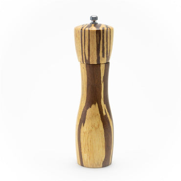 The 8" Crushed Bamboo Pepper Mill features an elegant hourglass design with light and dark wood grain, making it a stylish and unique kitchen gift for any home chef.