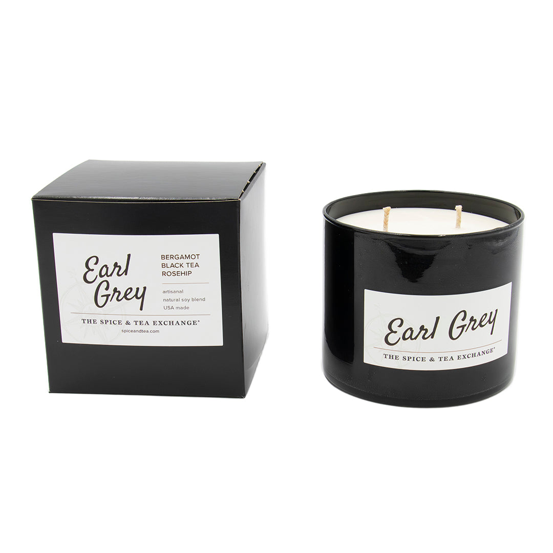The Earl Grey Candle from The Spice & Tea Exchange comes in a black jar with a matching box and features a natural soy blend infused with essential oils of bergamot, black tea, and rosehip.