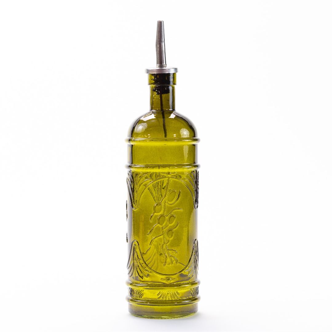 The Olive Glass Oil Jar features embossed olive branches on green glass and includes a metal pour spout, making it a charming, decorative container for olive oil.