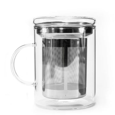 The Glass Tea Mug Infuser is a clear, heat-resistant glass mug with a handle, featuring a stainless steel infuser and matching glass lid, shown against a white background.