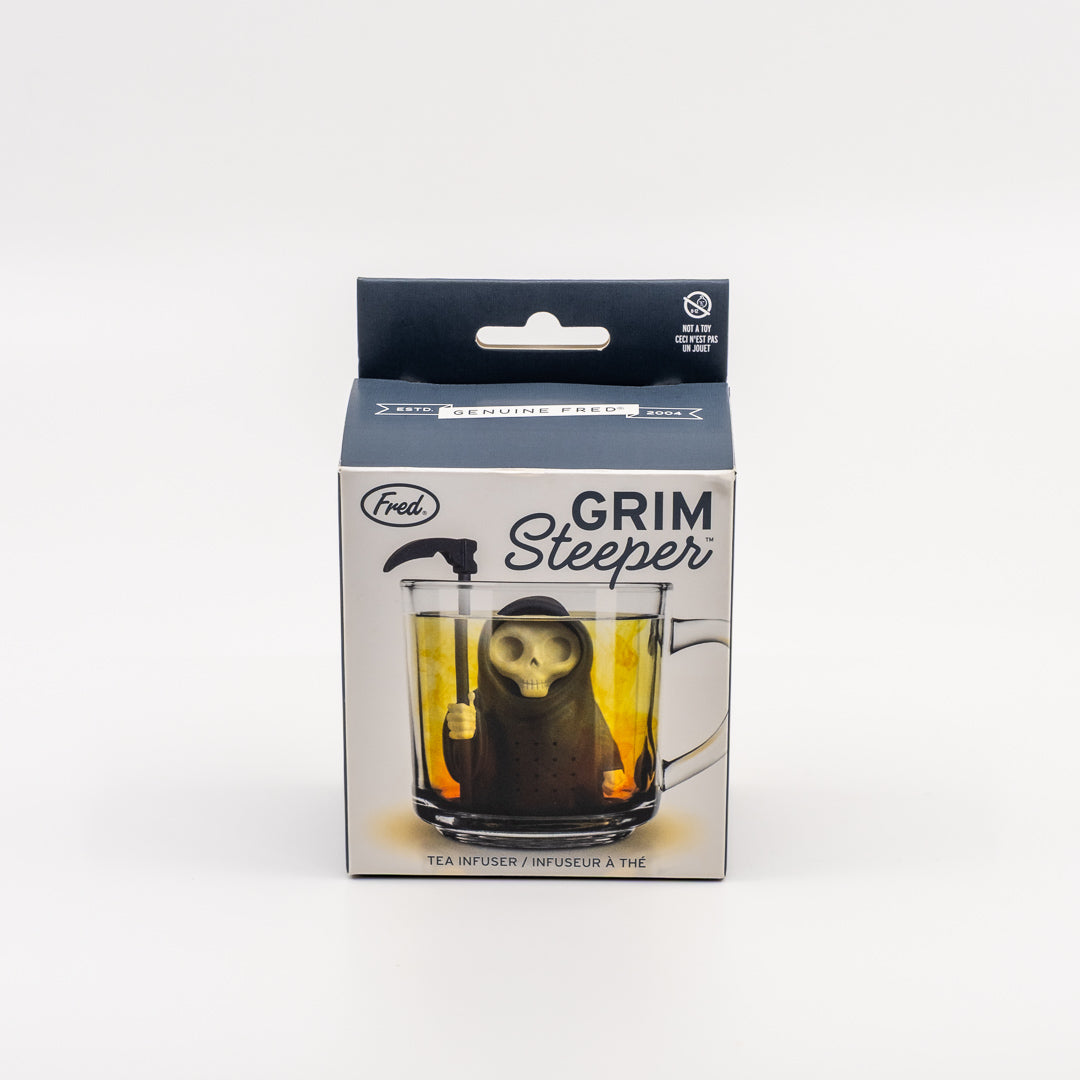 Packaged tea infuser with grim steeper design on a white background