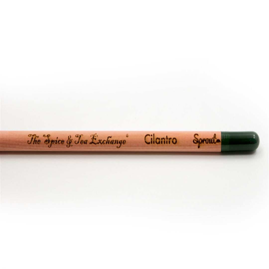 The Herb Pencils are wooden, labeled The Spice & Tea Exchange, Cilantro, and Sprout, featuring a green tip and a seed capsule at one end for sustainable planting.