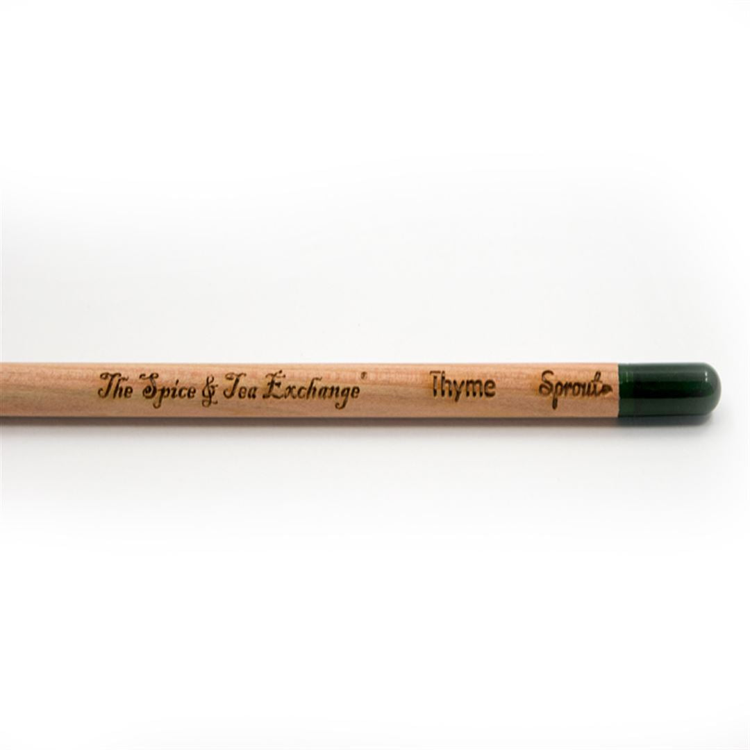 Herb Pencils are sustainable and feature a green eraser tip, engraved with The Spice & Tea Exchange, Thyme, and Sprout—plant them after use to grow your own herbs.