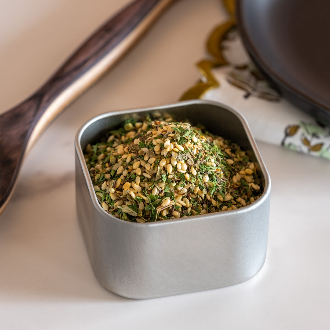 Herb Sesame Spice Blend in square tin