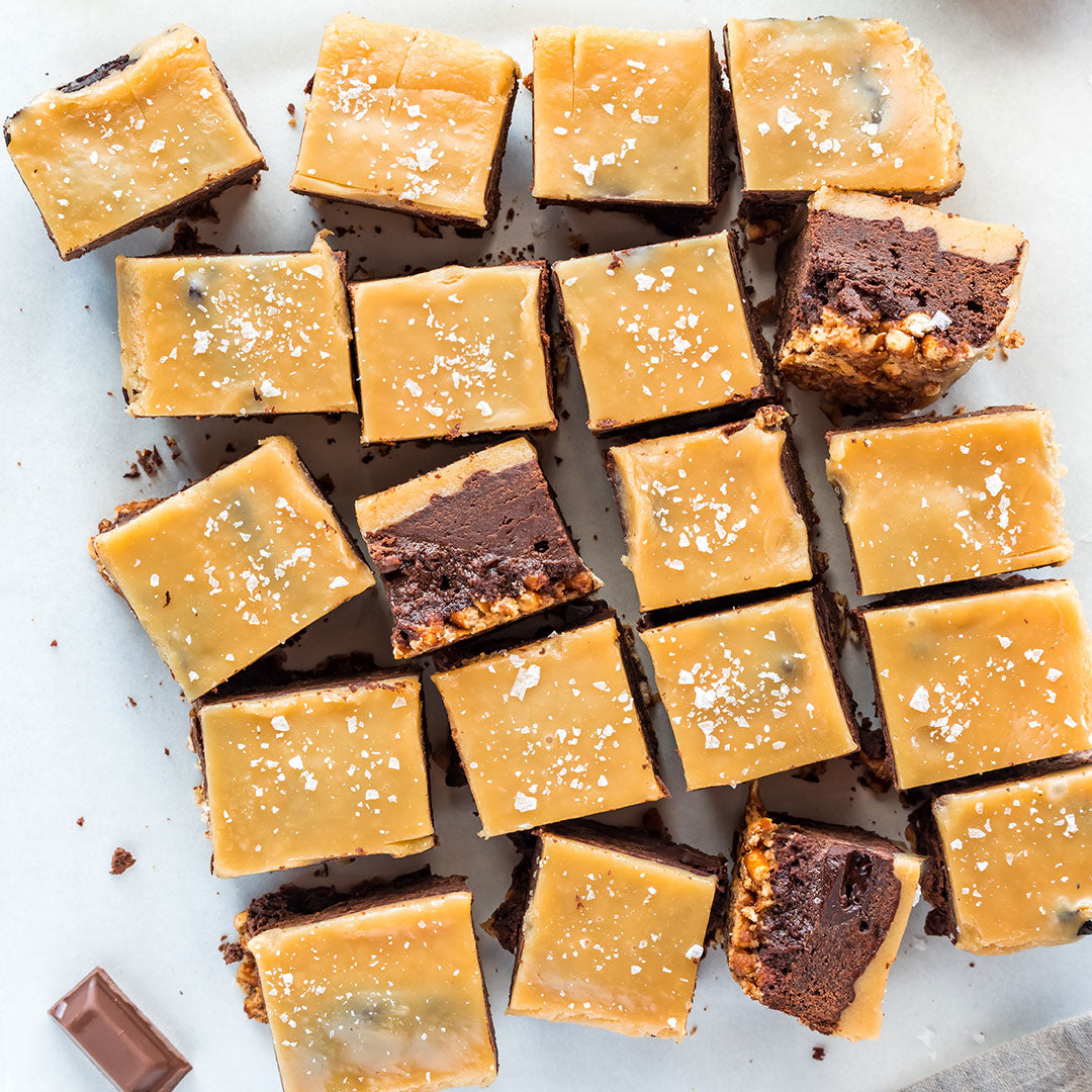 Caramel and chocolate bars sprinkled in sugar and sea salt flakes