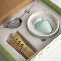 Tea set with a Matcha Bowl (ceramic), Matcha Whisk (bamboo), Whisk Holder (ceramic), Matcha Sieve (stainless steel), Matcha Scoop (bamboo) in a box.