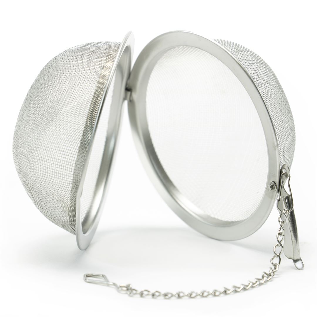 The Mesh Ball Infuser, made of stainless steel with a fine mesh and metal rim, opens to reveal both halves. It includes a chain with hook for securing to your cup or teapot—ideal for rich loose leaf tea flavor every time.