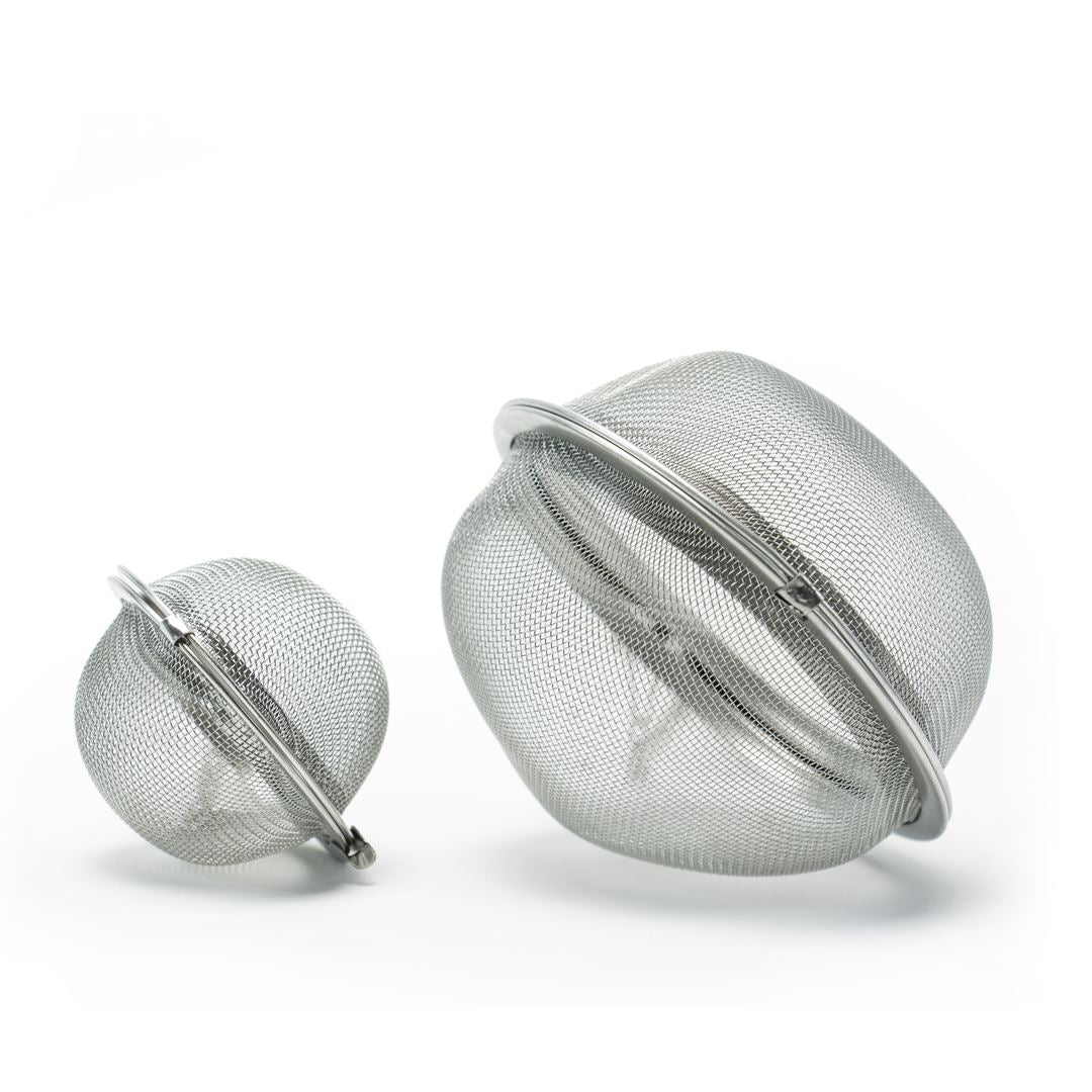 Two Mesh Ball Infusers of different sizes stand upright on a white background, with the larger infuser on the right and the smaller on the left.