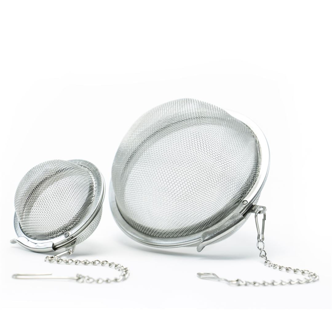 The Mesh Ball Infuser set includes two metal mesh tea balls in different sizes, each with an attached chain and hook—ideal for brewing loose leaf tea or using as a pot-sized infuser. Shown on a white background.