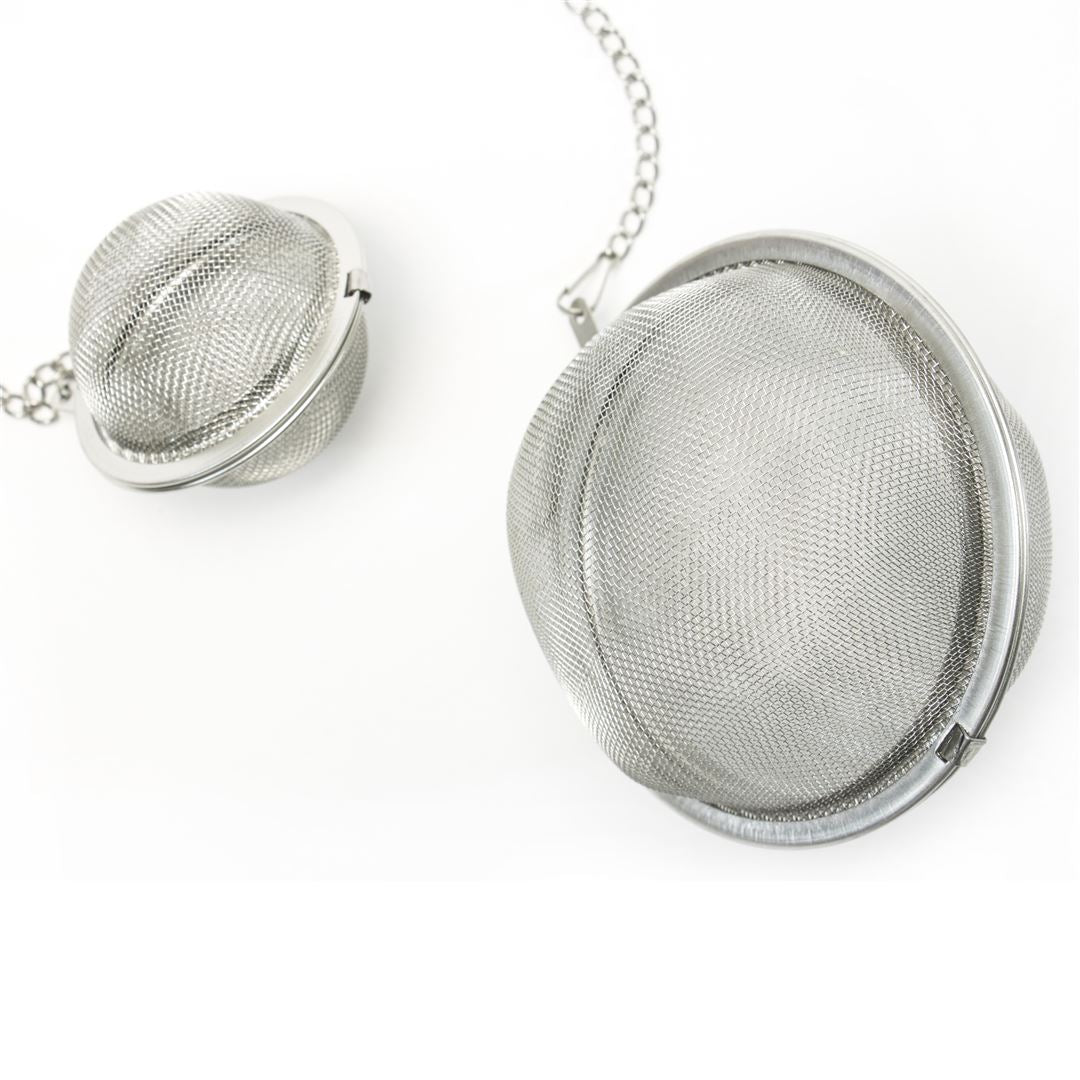Two Mesh Ball Infusers with chains rest on a white background. The larger, pot-sized Mesh Ball Infuser is in front, while the smaller one is positioned further back.