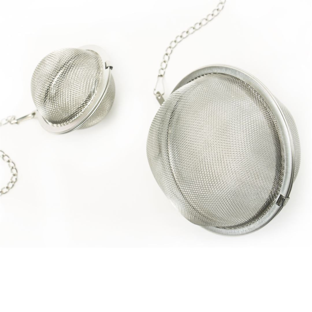 Two Mesh Ball Infusers with chains—a pot-sized infuser and a smaller tea infuser—are shown on a white background.