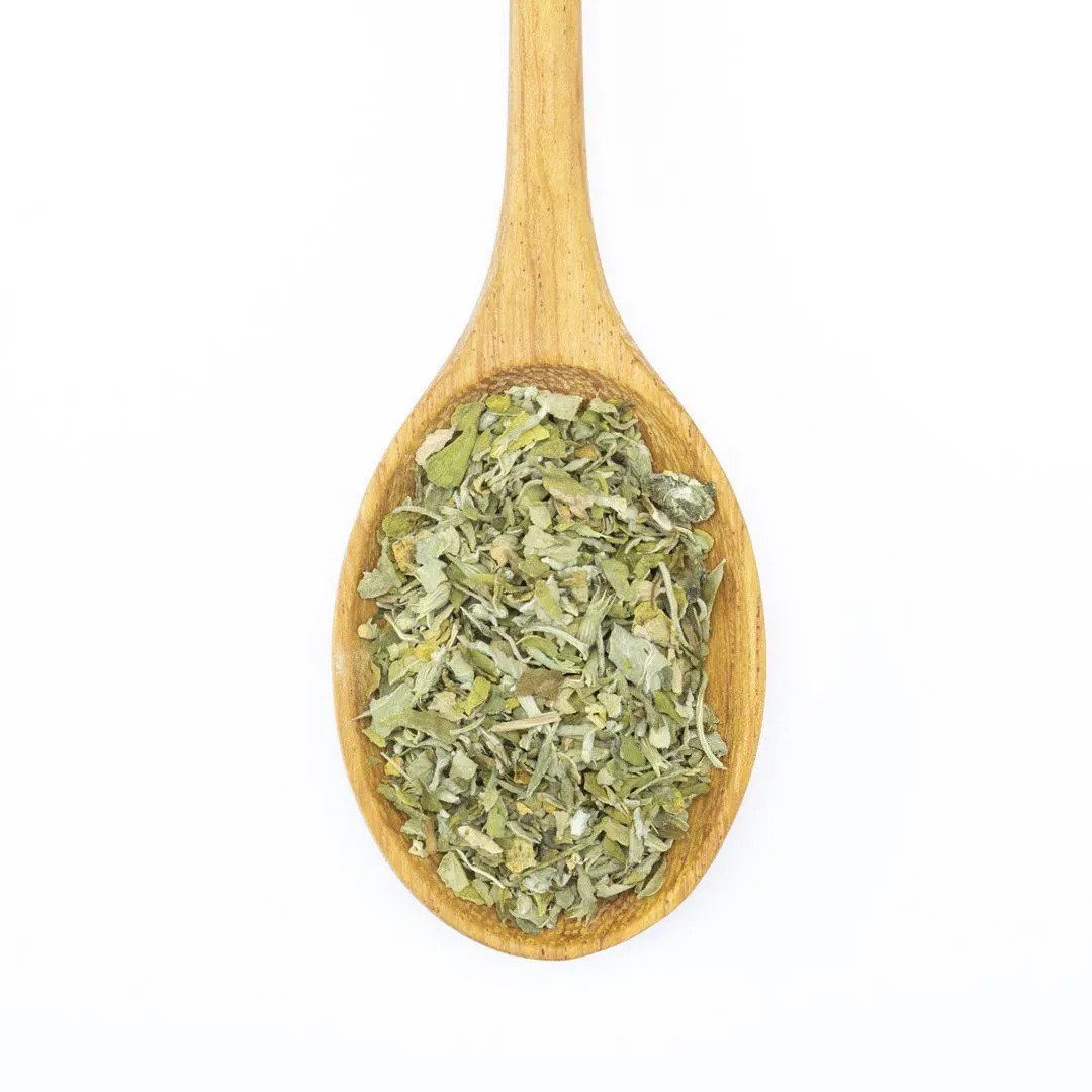 A wooden spoon filled with Organic Catnip is displayed on a white background.