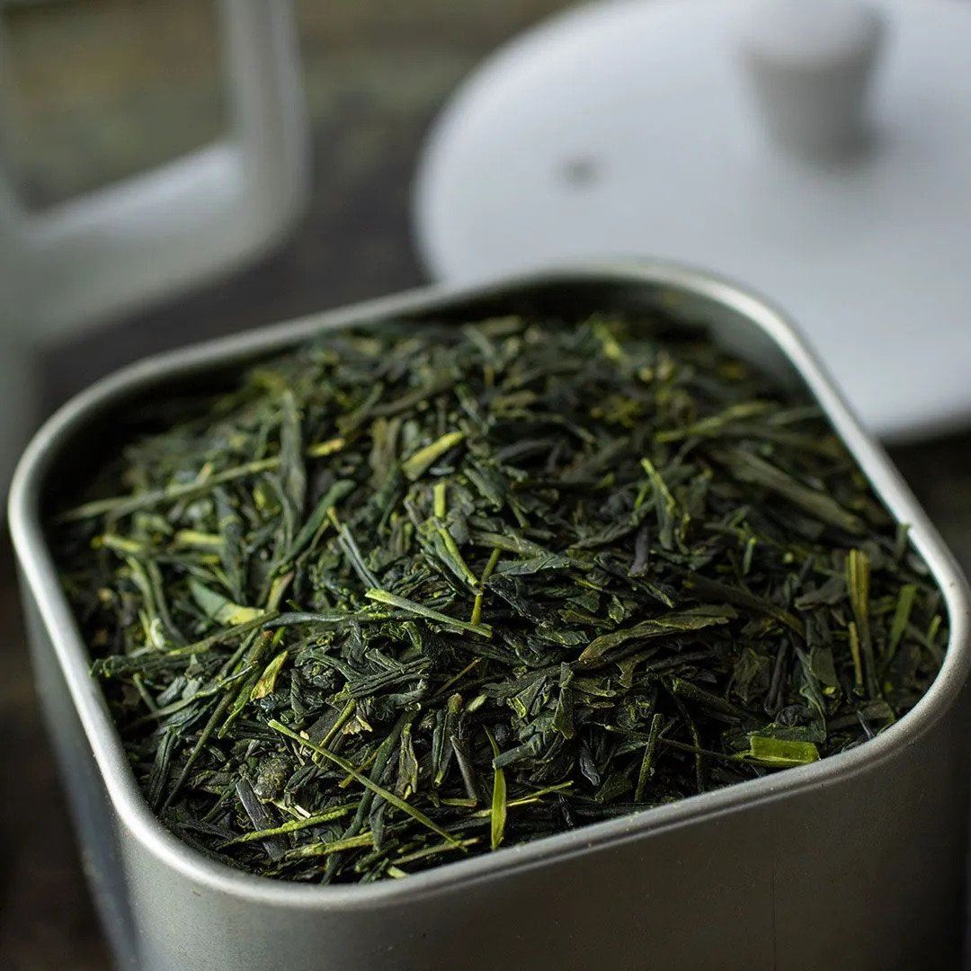 A close-up of loose Sencha Superior Tea leaves in a square metal container, known for their fresh grassy notes, with a white teapot lid partially visible in the background.