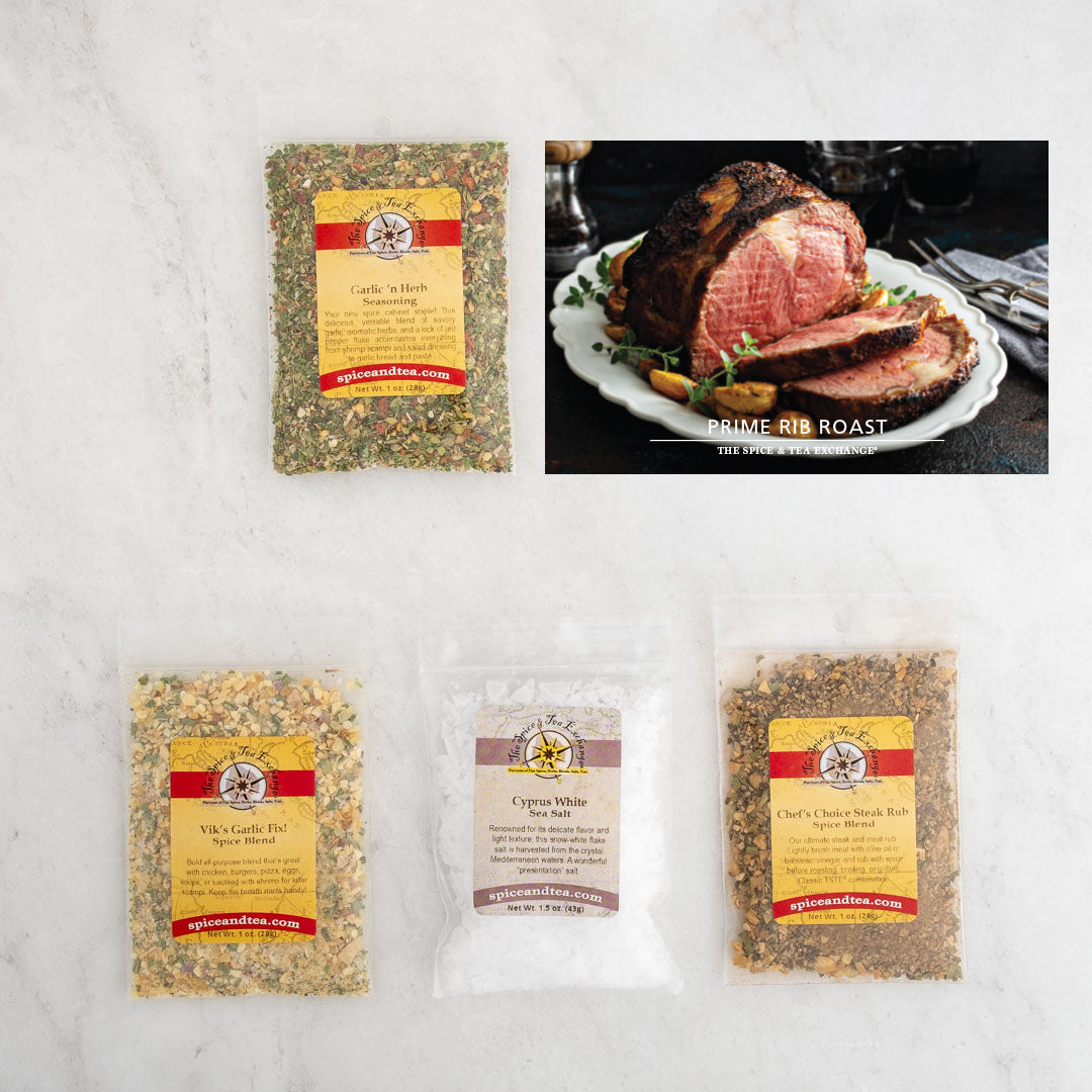 Prime Rib Roast recipe card and baggies: Garlic 'n Herb Seasoning, Viks Garlic Fix, Cyprus White Sea Salt, Chef's Choice Steak Rub Spice Blend
