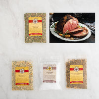 Prime Rib Roast recipe card and baggies: Garlic 'n Herb Seasoning, Viks Garlic Fix, Cyprus White Sea Salt, Chef's Choice Steak Rub Spice Blend