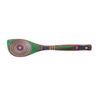 The Rainbow Corner Spoon is a vibrant, durable utensil made from rainbow pakkawood, featuring a green bowl with concentric rainbow circles and a handle with red, blue, and green bands plus a hole at the end.