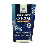 Serenity Cocoa Salted Caramel comes in a blue resealable pouch with 12 servings, featuring reishi mushroom and chamomile—ideal as a soothing evening cocoa or for your bedtime ritual.