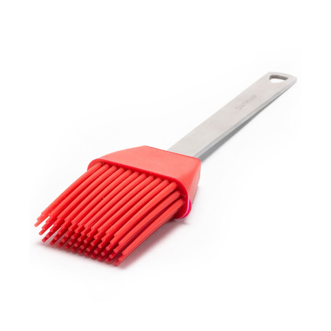 A Mini Basting Brush with a red silicone head and silver handle, ideal for grilling gifts, is displayed on a white background.