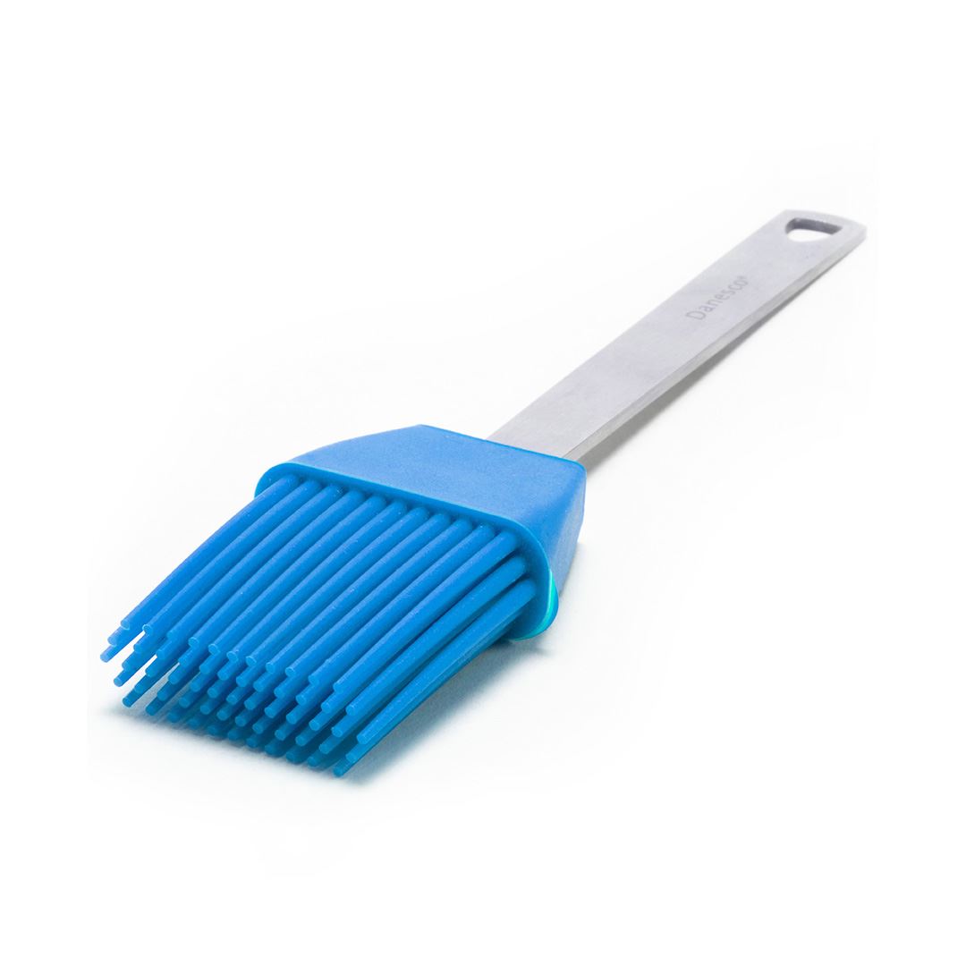 The Mini Basting Brushes, featuring blue silicone bristles and a silver handle with a hanging hole, are perfect for grilling gifts and are shown on a white background.