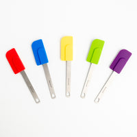 Five Mini Spatulas with stainless steel handles, each in red, blue, yellow, green, and purple, are arranged on a white background—perfect as a colorful and versatile small spatula set for baking.