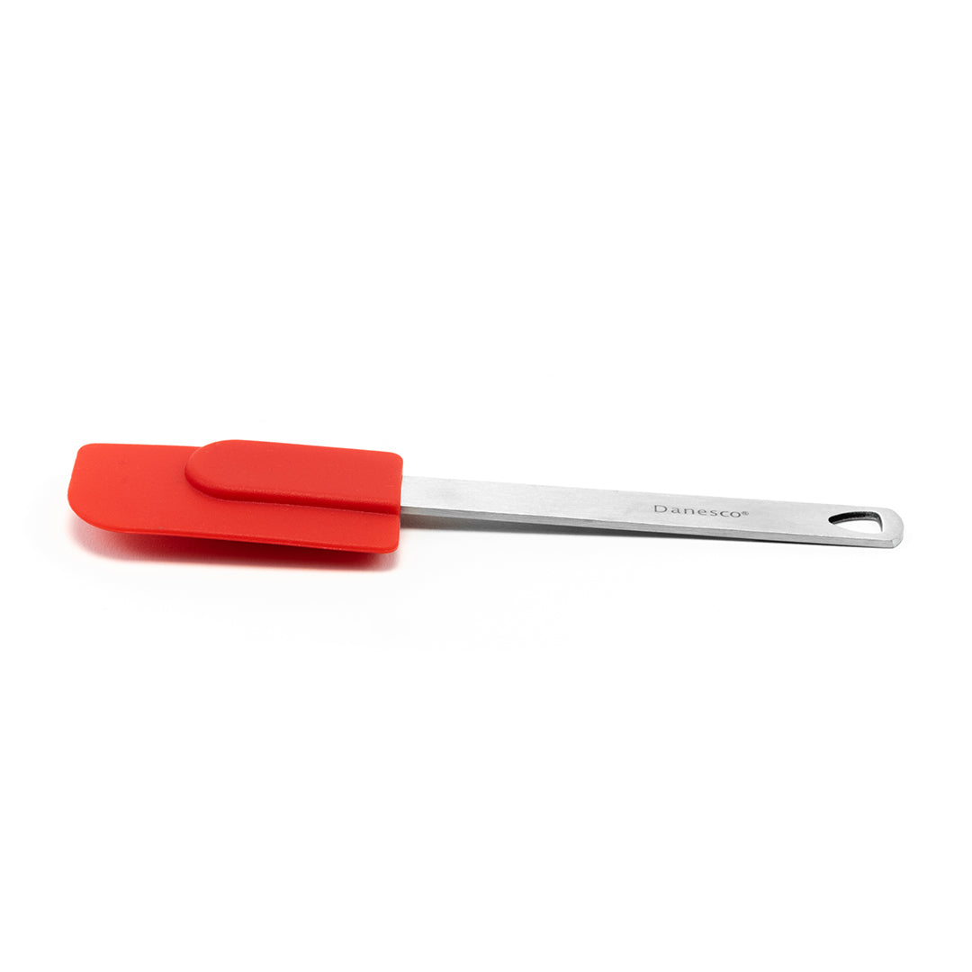 The Mini Spatulas feature a red silicone head and stainless steel handle with a hanging hole. Perfect for baking, this small spatula is shown on a white background.