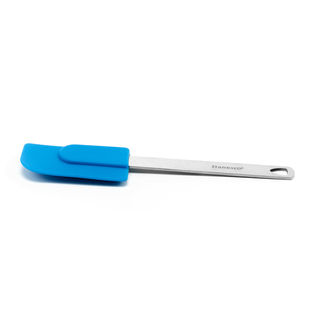 A blue Mini Spatulas with a stainless steel handle lies flat on a white background; the handle's hole allows for easy hanging, making this baking spatula both practical and stylish for your kitchen.
