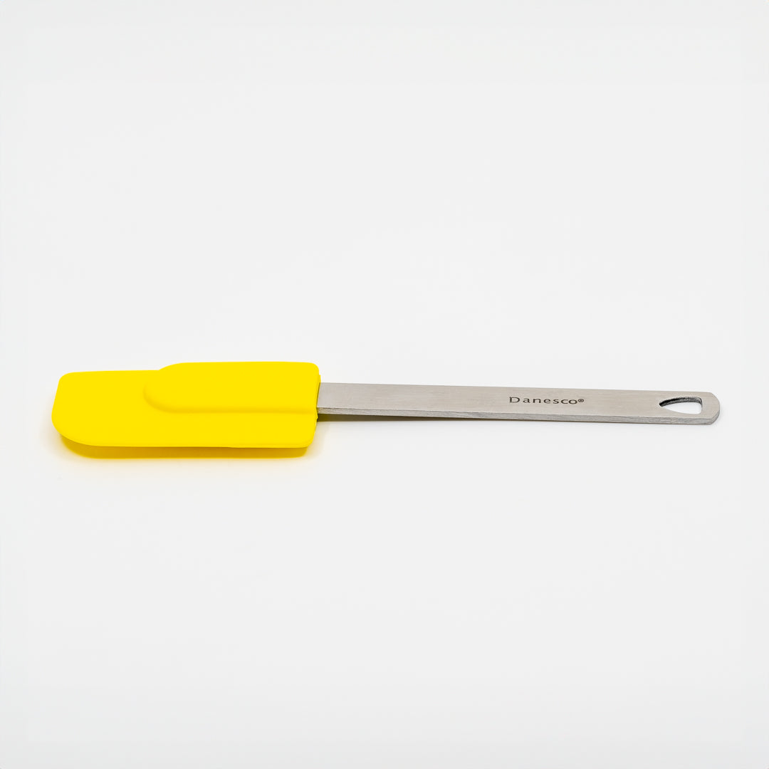 A yellow Mini Spatula with a stainless steel handle and Danesco label is shown on a white background.