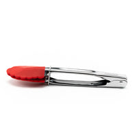 Mini Tongs with red silicone tips and stainless steel handles, shown closed on a white background.
