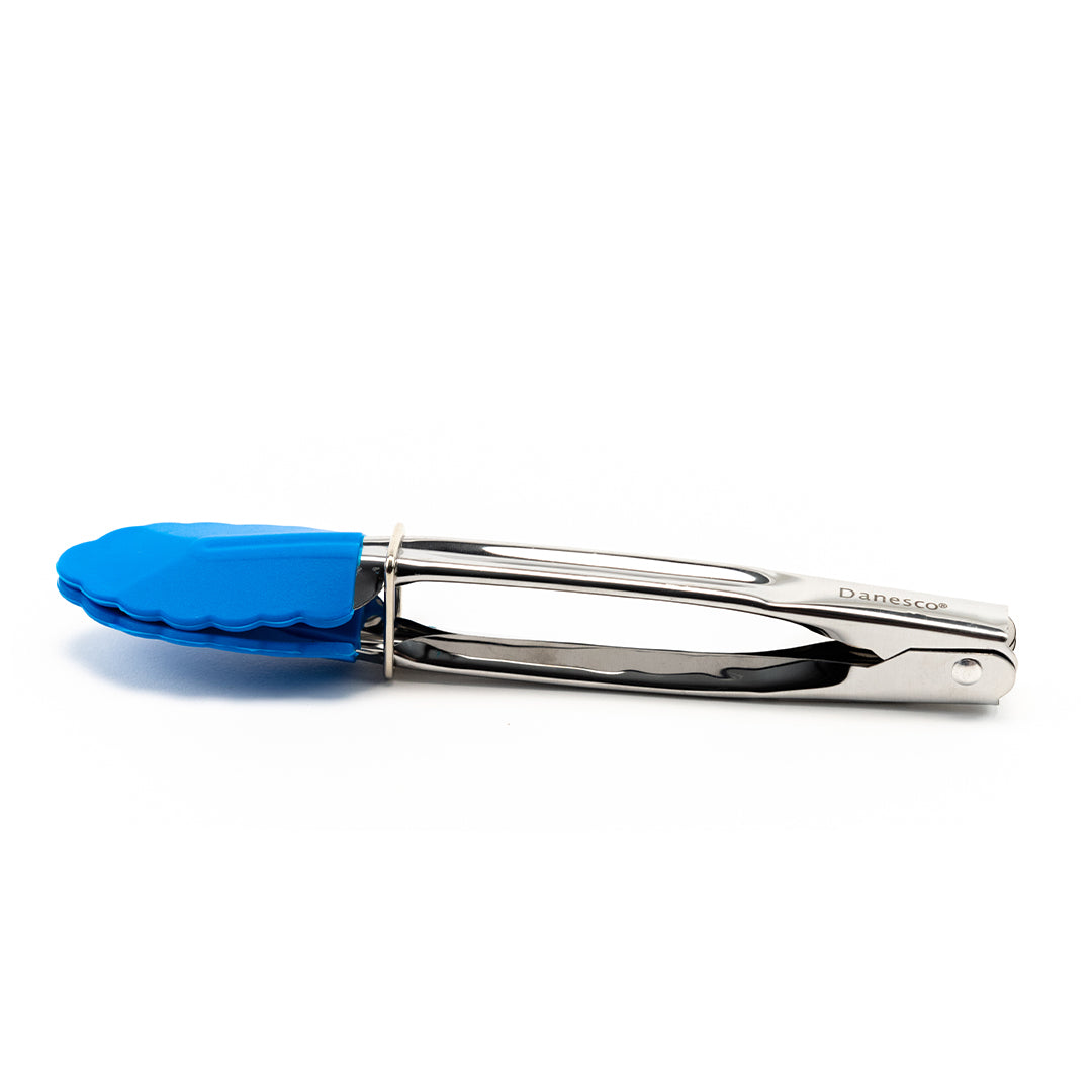 A pair of Danesco Mini Tongs with blue silicone tips, made of stainless steel, shown closed on a white background. The Danesco branding is visible on the handle.