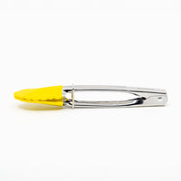 These Mini Tongs feature stainless steel handles and yellow silicone tips. Shown closed, they rest on a white background.