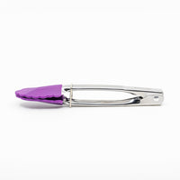 Mini Tongs with scalloped purple silicone tips and a stainless steel handle, shown closed on a white background.
