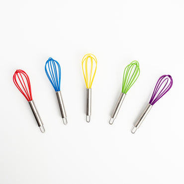 Five Mini Whisks with heat-resistant silicone loops in red, blue, yellow, green, and purple are lined up on a white background.
