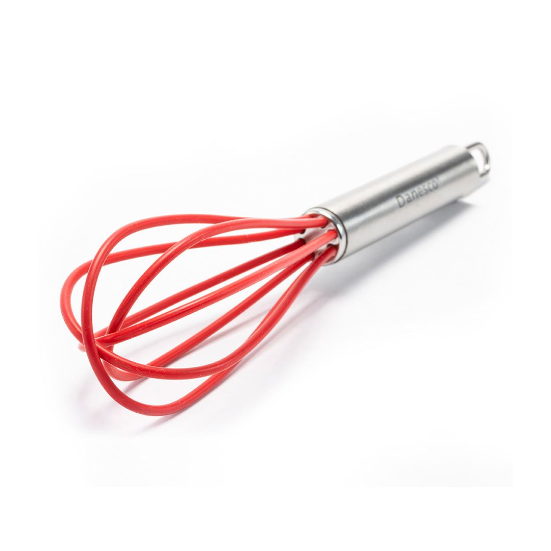 A Mini Whisks utensil with red silicone-coated wires rests on a white surface; it is heat resistant, ideal for blending, and safe for the dishwasher.