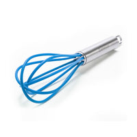 A Mini Whisks with blue, heat-resistant silicone wires is shown on a white surface. This durable, dishwasher-safe whisk is ideal for everyday kitchen tasks.