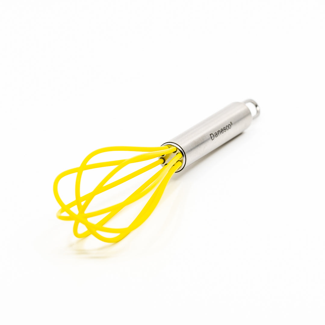 A Mini Whisk featuring heat-resistant yellow silicone loops and a stainless steel handle, shown against a white background.
