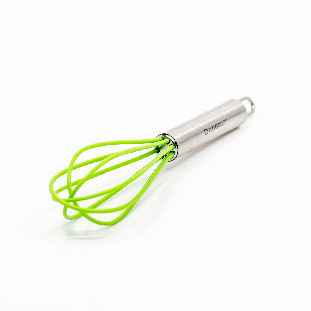 Mini Whisks feature a stainless steel handle and bright green, heat-resistant silicone loops. Dishwasher safe, these whisks are ideal for small kitchen tasks and are shown on a white background.