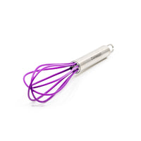 A Mini Whisks utensil with purple heat-resistant silicone wires and a stainless steel handle engraved with "Dansoon" rests on a white background.