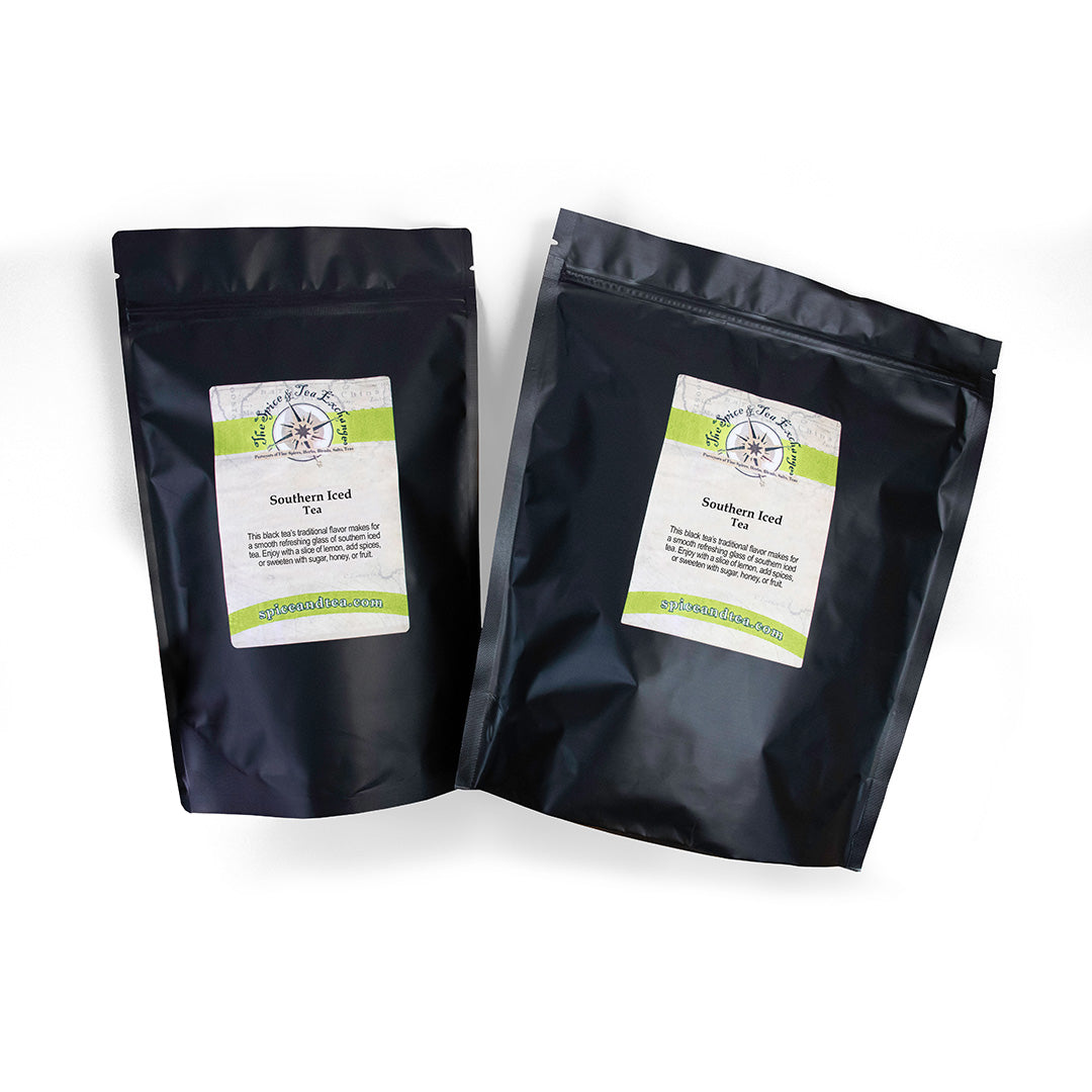 Two black resealable bags labeled "Southern Iced Tea," featuring classic black tea flavor, are displayed against a white background.