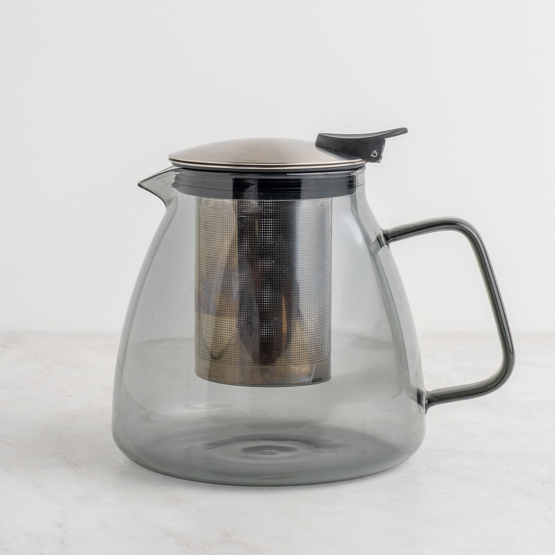Stormy Glass Teapot with metal mesh infuser on a light gray background