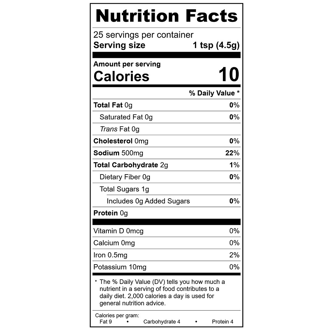 A black and white nutrition facts label for French Fry Seasoning - Sweet 'n Smoky, showing 10 calories per 1 tsp serving, 0g fat, 0g cholesterol, 500mg sodium, 2g carbs, 1g sugar, 0g protein, and daily value percentages.