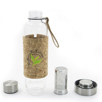 The Urban Tea Tumbler is a clear glass infuser bottle with a cork sleeve and carrying strap, shown disassembled with its metal lid, infuser, and strainer. The eco-friendly cork sleeve features a green leaf logo and printed text.