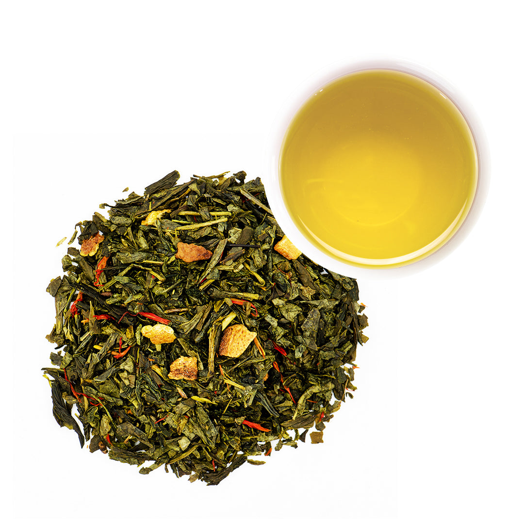 Tangerine Green Tea leaf and brew