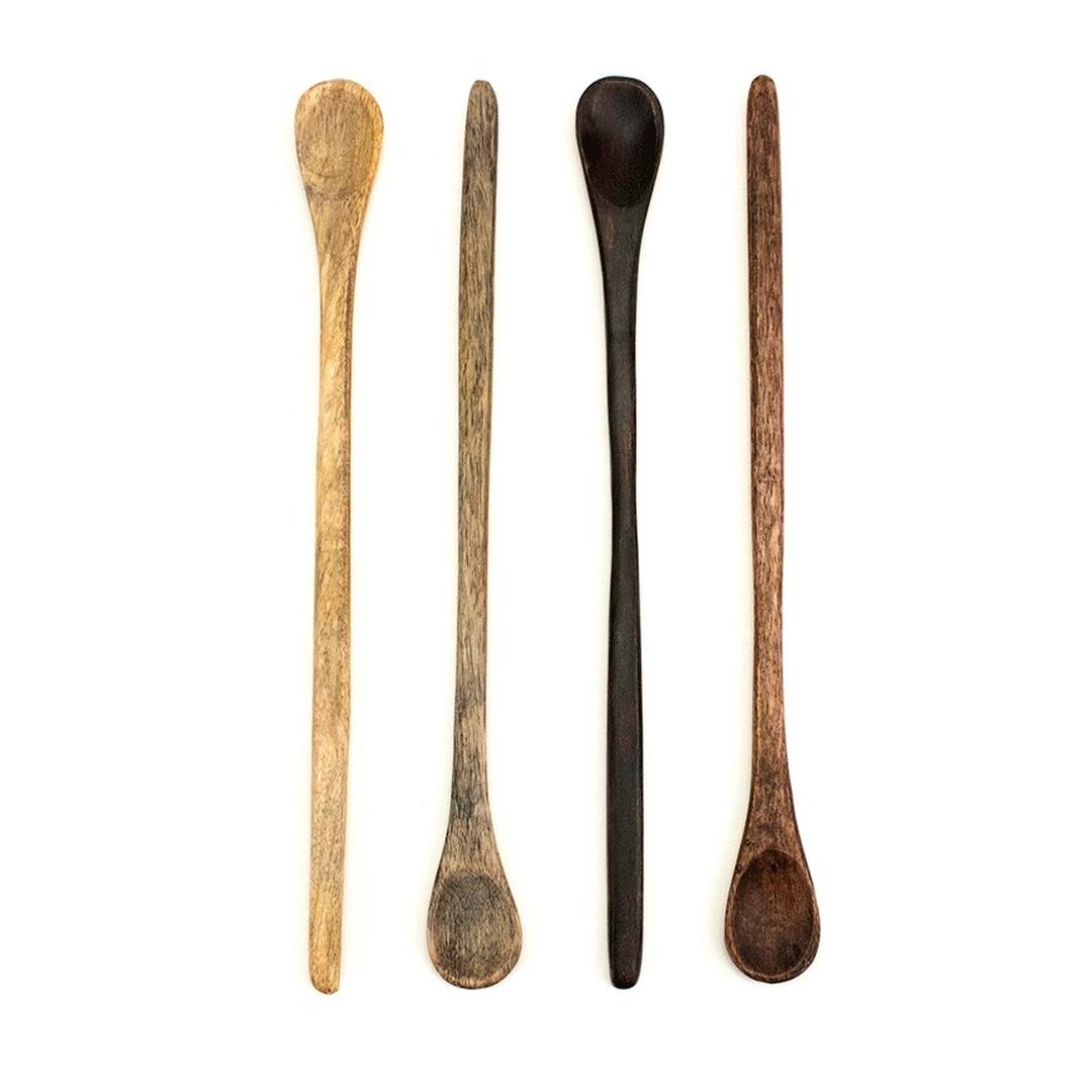 Four Wooden Tasting Spoons made from mango wood in different brown shades are arranged vertically on a white background—a versatile kitchen essential for every home.