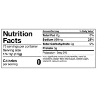 Nutrition facts for Porcini Mushroom Sea Salt: 75 servings per container, serving size 1/4 tsp (1.5g), 0 calories, 0g fat, 530mg sodium (23% DV), 0g carbs, 0g protein, and 6mg potassium per serving.